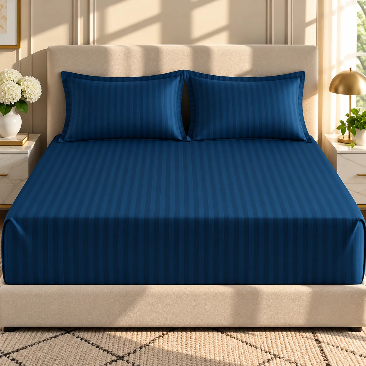 Elegant Blue Striped Bedding Bedroom