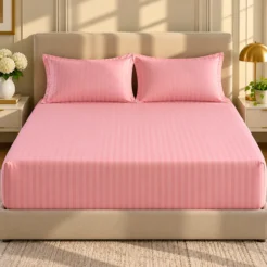 Pink Striped Bedding in Sunlit Bedroom