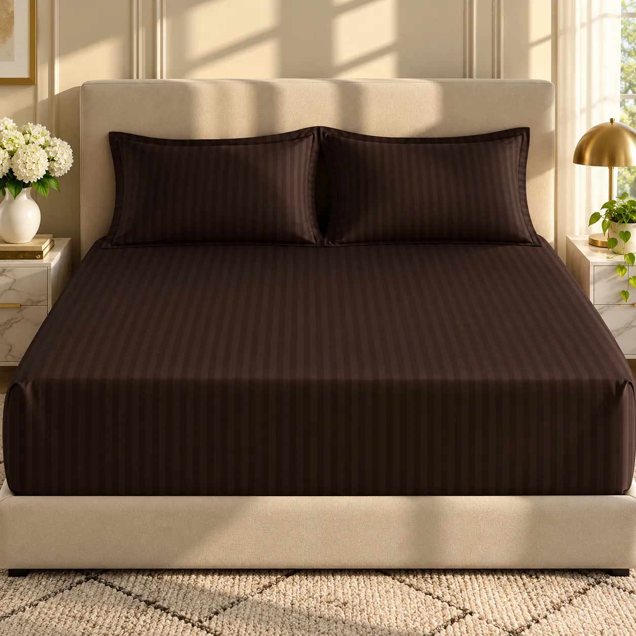 Sunlit Chocolate Stripe Bedroom