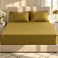 Sunlit Olive-Striped Bedroom Retreat