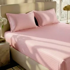 Baby Pink Color Striped Fitted Bed sheet