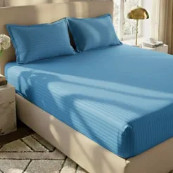 Sky Blue Stripes Fitted Bed sheet Online in Pakistan