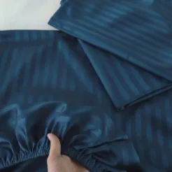 Buy Satin Stripes Fitted Bedsheet - Navy Blue