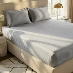Buy Soft Silver Grey Stripes Fitted Bed sheet In Pakistan