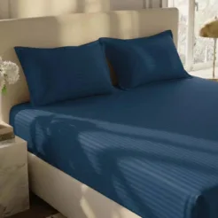 Buy Satin Stripes Fitted Bedsheet - Navy Blue