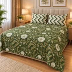 Alternative view of Luxury Olive Green Floral Chevron Printed Bedsheet Design