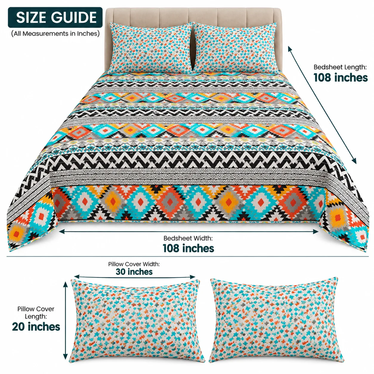 Multicolor Tribal Diamond King Size Printed Bedsheet - Image 4
