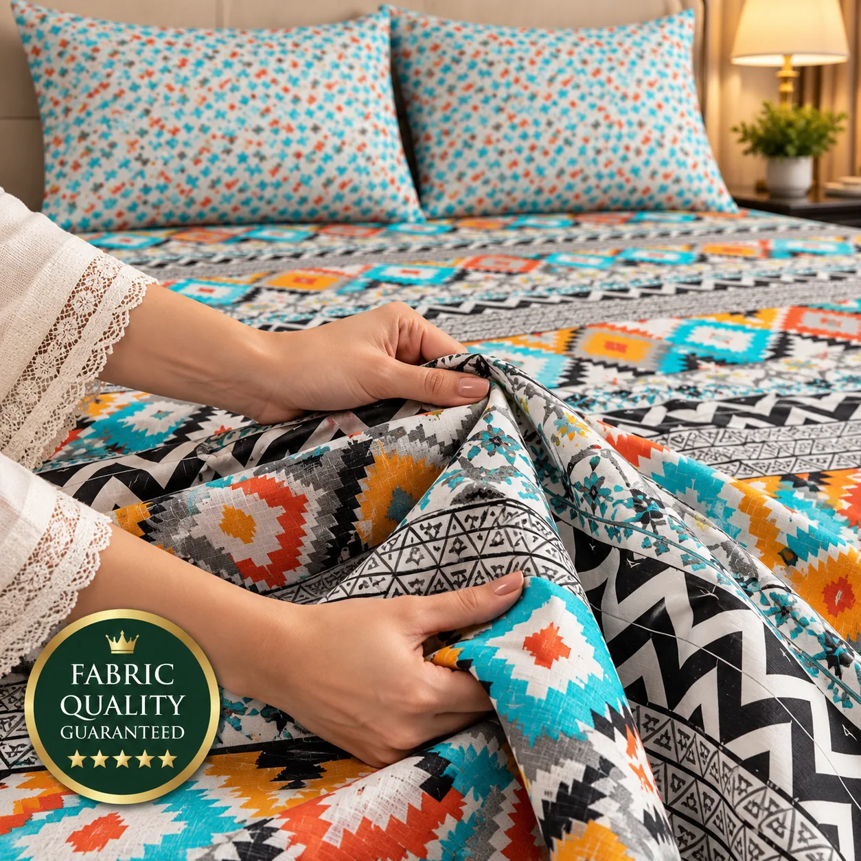 Multicolor Tribal Diamond King Size Printed Bedsheet - Image 3
