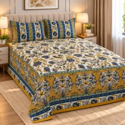 Alternative view of Luxury Mustard Blue Ornamental Printed Bedsheet Design