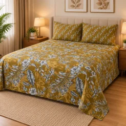 Alternative view of Luxury Mustard Grey Tropical Printed Bedsheet Design