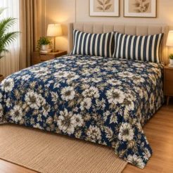 Alternative view of Luxury Navy Beige Floral Printed Bedsheet Design