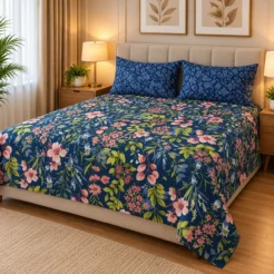 Alternative view of Luxury Navy Blue Pink Floral Printed Bedsheet Design