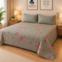Alternative view of Luxury Sage Green Pink Floral Printed Bedsheet Design