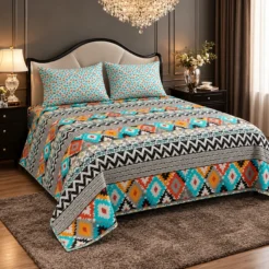 Alternative view of Multicolor Tribal Diamond King Size Printed Bedsheet