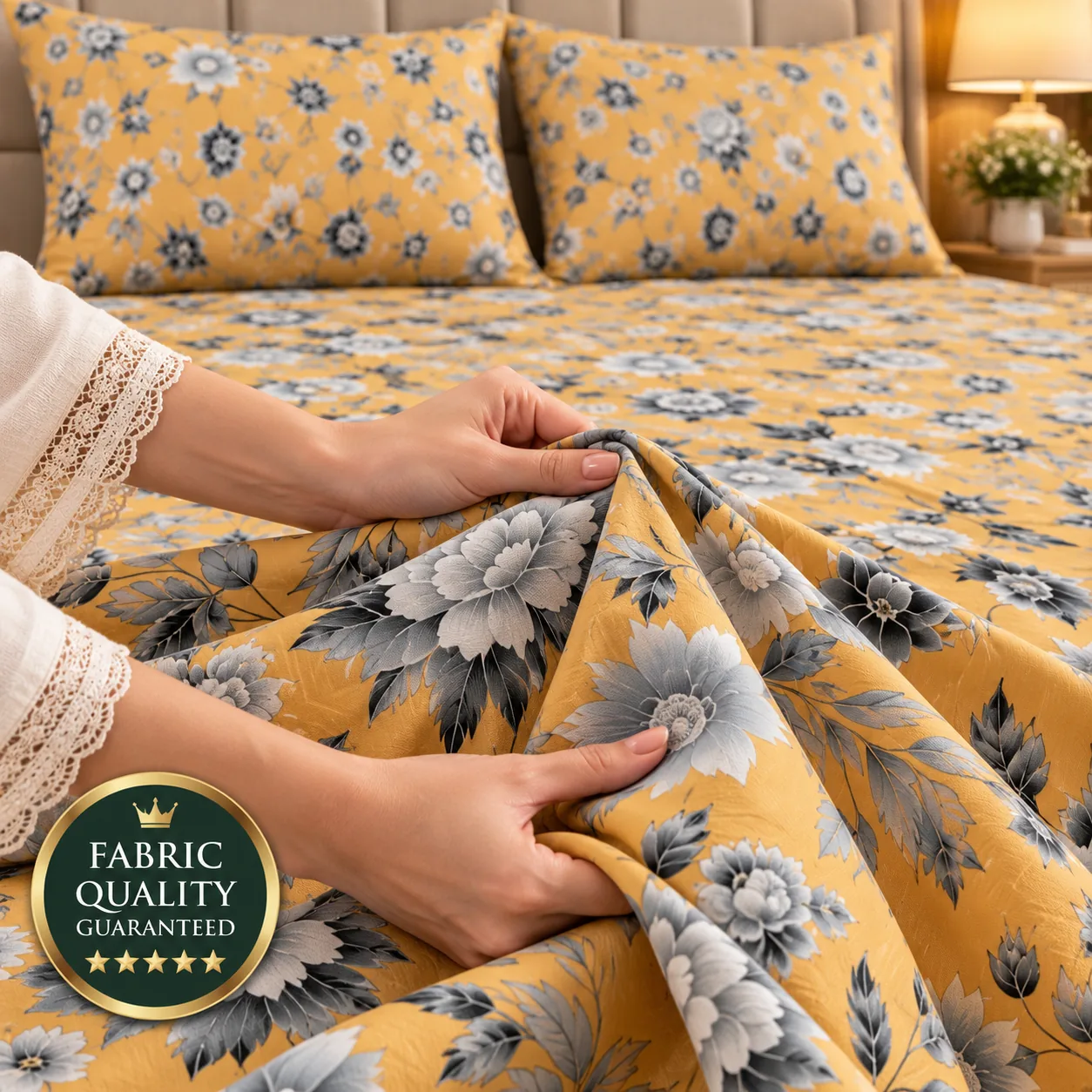Mustard Floral Printed King Size Bed Sheet Set (3 PCs) - Image 3
