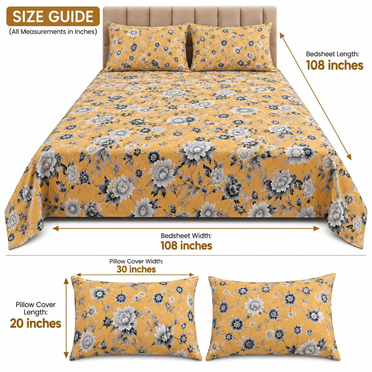 Mustard Floral Printed King Size Bed Sheet Set (3 PCs) - Image 4
