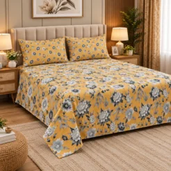 Alternative view of Mustard Floral Printed King Size Bed Sheet Set (3 PCs)