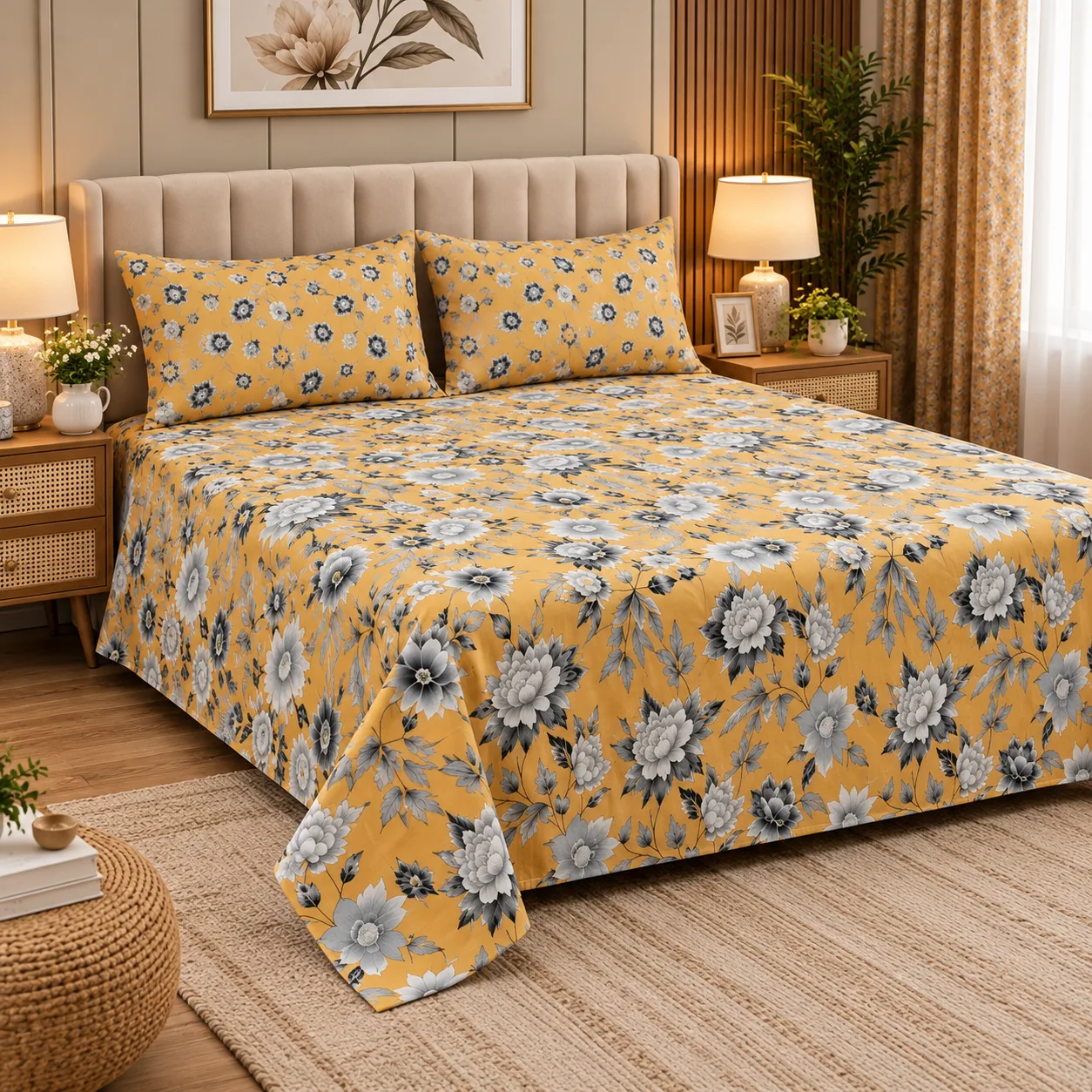 Mustard Floral Printed King Size Bed Sheet Set (3 PCs) - Image 2