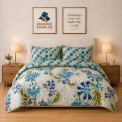 Luxury Beige Blue Floral Moroccan Printed Bedsheet Design