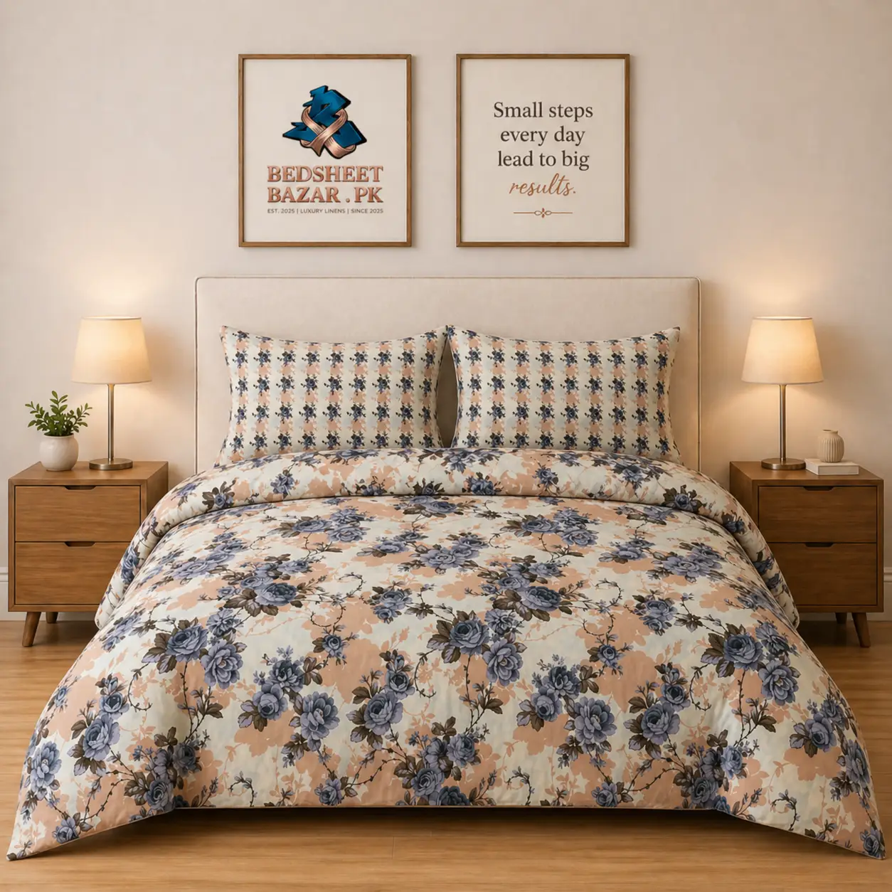 Luxury Beige Blue Floral Printed Bedsheet Design