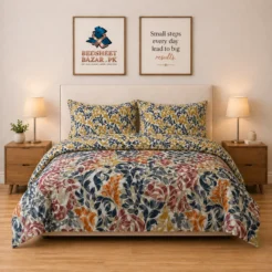 Luxury Beige Multicolor Leaf Printed Bedsheet Design