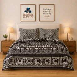 Luxury Black Cream Geometric Printed Bedsheet Design