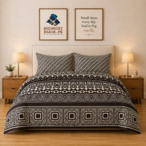 Luxury Black Cream Geometric Printed Bedsheet Design