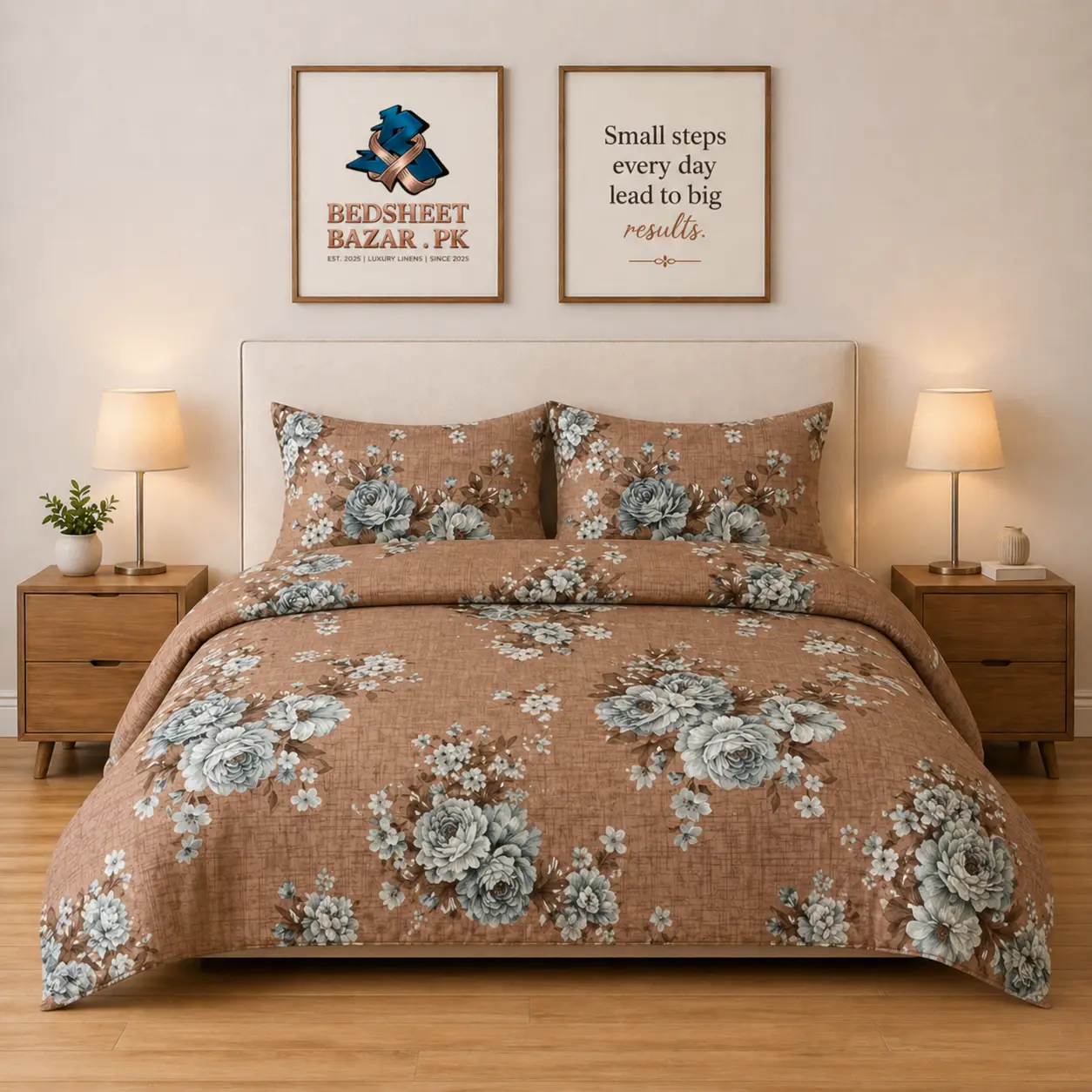 Luxury Brown Grey Floral Printed Bedsheet Design