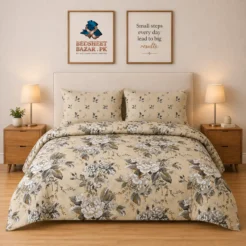 Luxury Cream Beige Floral Vintage Printed Bedsheet Design