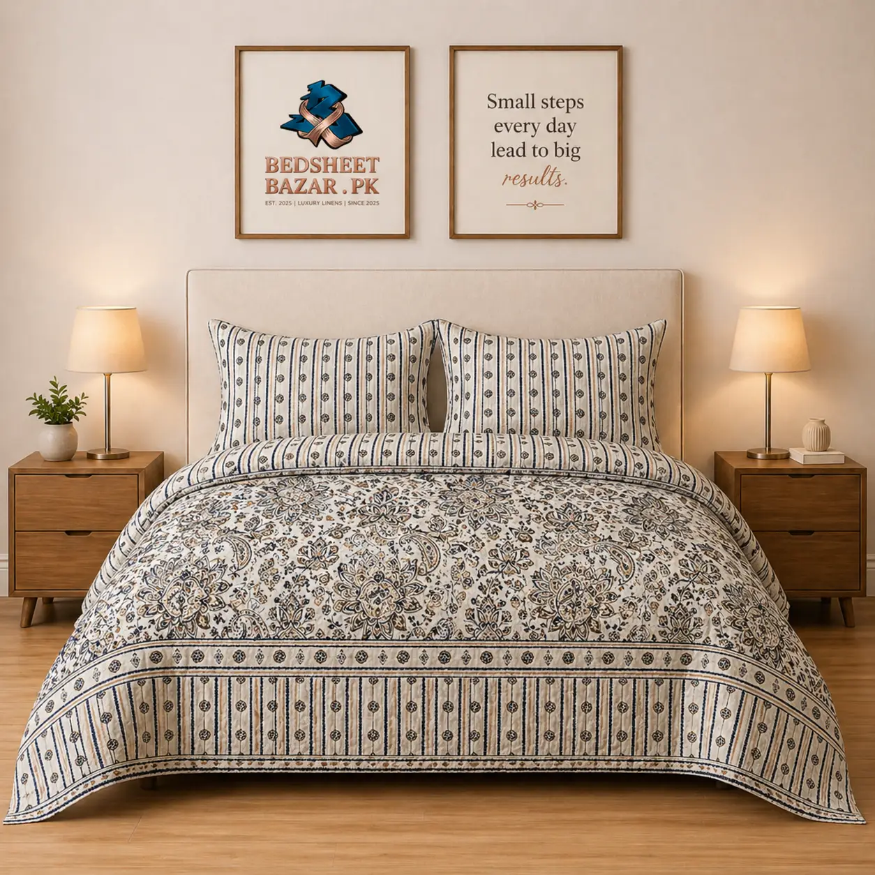Luxury Cream Black Ethnic Printed Bedsheet Design