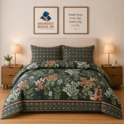 Luxury Dark Green Floral Garden Printed Bedsheet Design