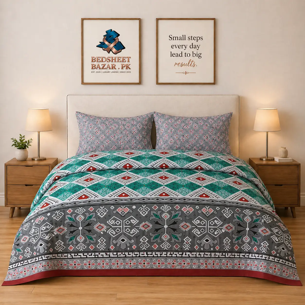 Luxury Grey Green Tribal Printed Bedsheet Design