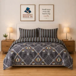 Luxury Grey Orange Ornamental Printed Bedsheet Design