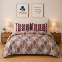 Luxury Grey Red Chevron Printed Bedsheet Design