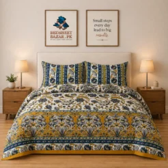 Luxury Mustard Blue Ornamental Printed Bedsheet Design