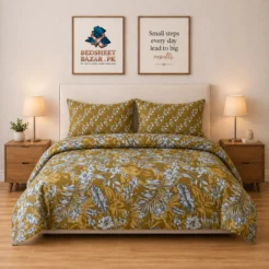 Luxury Mustard Grey Tropical Printed Bedsheet Design