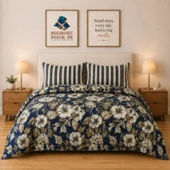 Luxury Navy Beige Floral Printed Bedsheet Design