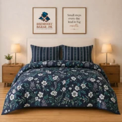 Luxury Navy Blue Floral Printed Bedsheet Design
