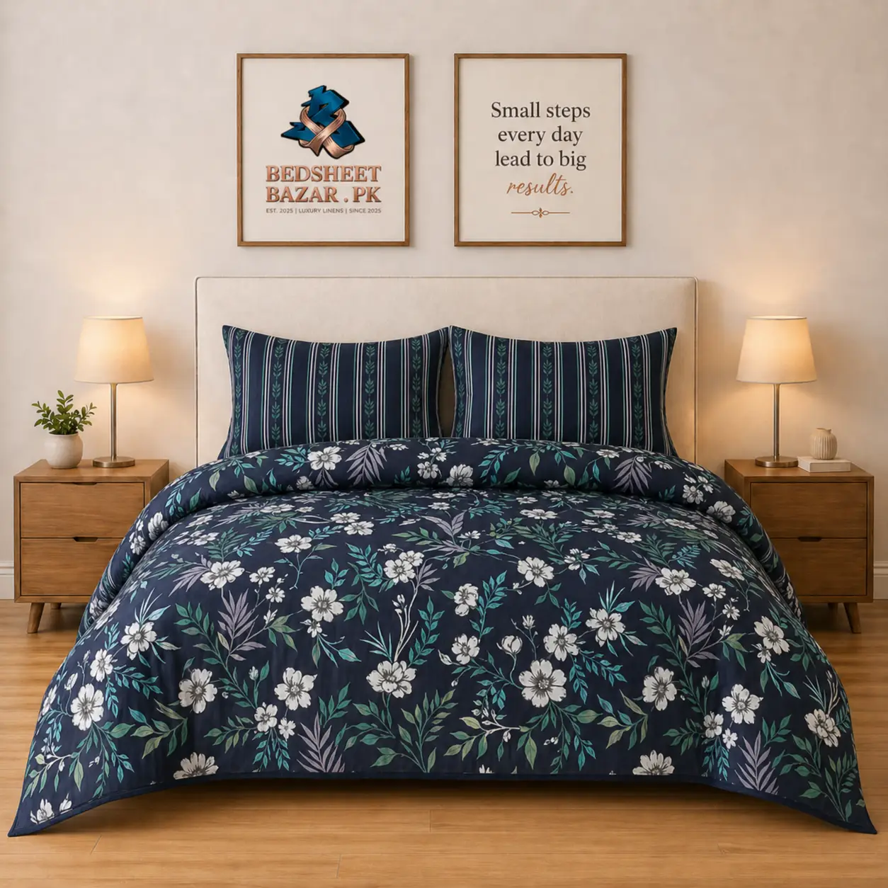 Luxury Navy Blue Floral Printed Bedsheet Design