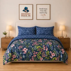 Luxury Navy Blue Pink Floral Printed Bedsheet Design