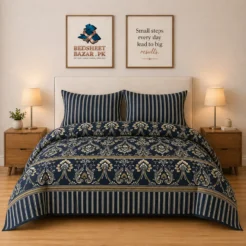 Luxury Navy Gold Ornamental Printed Bedsheet Design