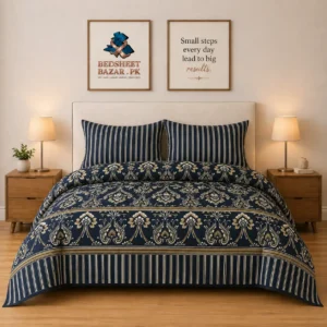 Luxury Navy Gold Ornamental Printed Bedsheet Design