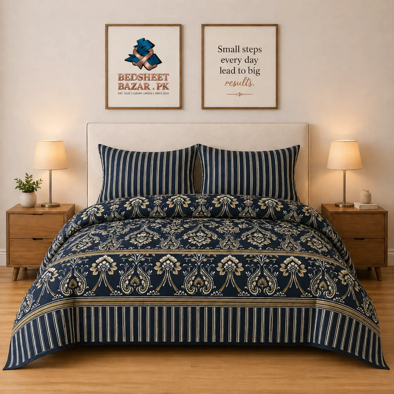 Luxury Navy Gold Ornamental Printed Bedsheet Design