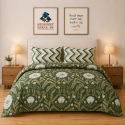 Luxury Olive Green Floral Chevron Printed Bedsheet Design