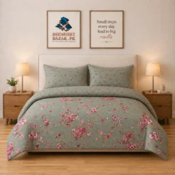 Luxury Sage Green Pink Floral Printed Bedsheet Design