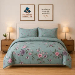 Luxury Sage Green Pink Flowers Printed Bedsheet Design