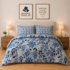Luxury Sky Blue Botanical Printed Bedsheet Design