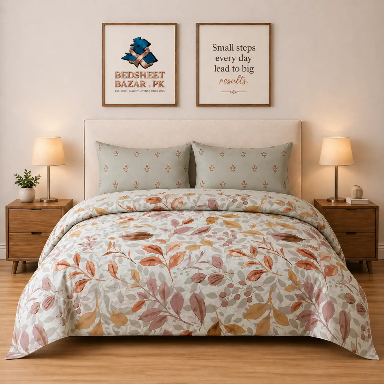 Luxury Soft Beige Leaf Printed Bedsheet Design