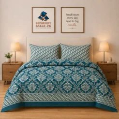 Luxury Teal Damask Printed Bedsheet Design