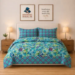 Luxury Teal Multicolor Floral Plaid Printed Bedsheet Design